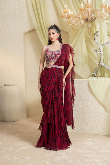 Shadow Rose Hand-Embroidered Ruffle Saree