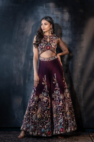 Wine Embroidered Jumpsuit
