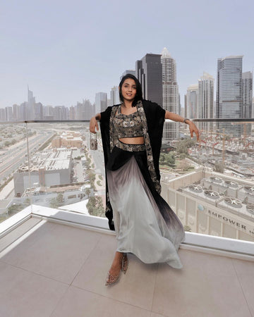 Masoom Minawala - Black Ombre Cape Set