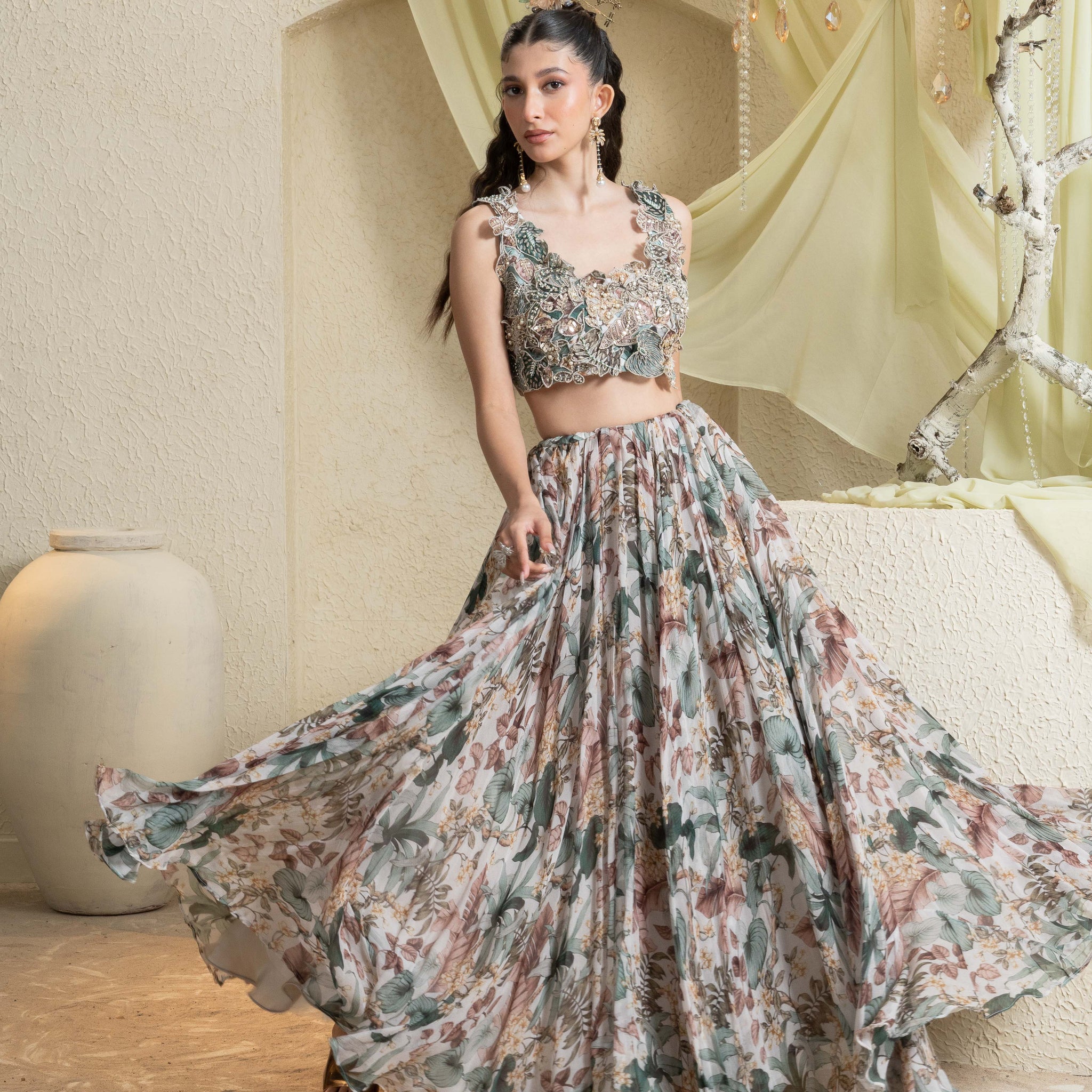 Muted Garden Hand-Embroidered Lehenga