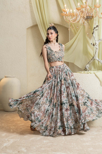 Muted Garden Hand-Embroidered Lehenga