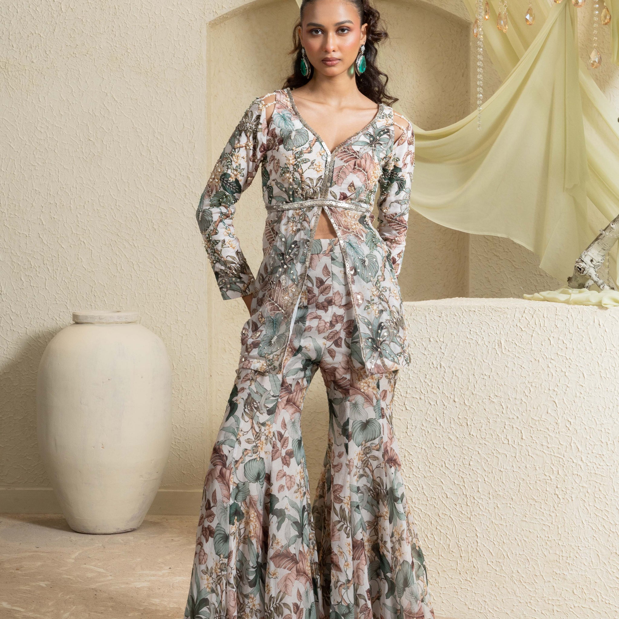 Muted Garden Hand-Embroidered Sharara Set