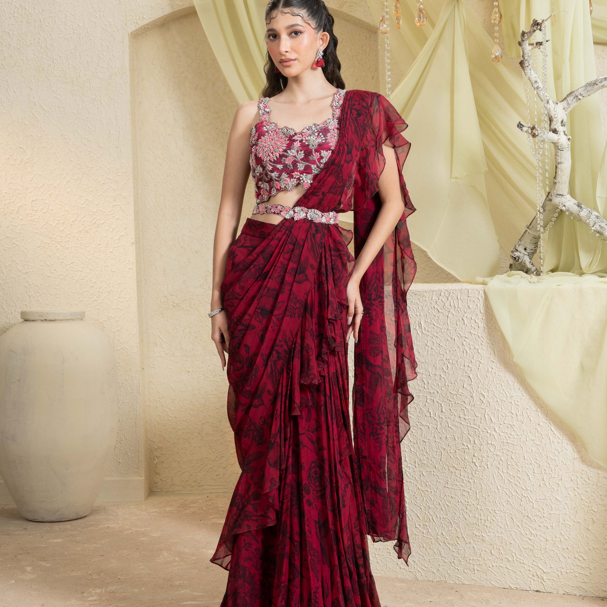 Shadow Rose Hand-Embroidered Ruffle Saree