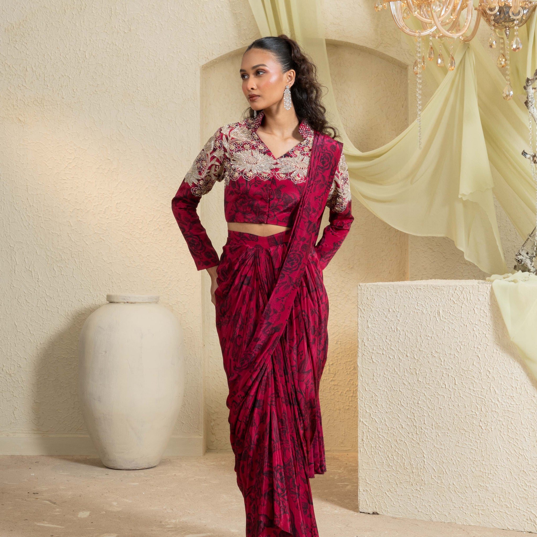 Shadow Rose Hand-Embroidered Drape Saree
