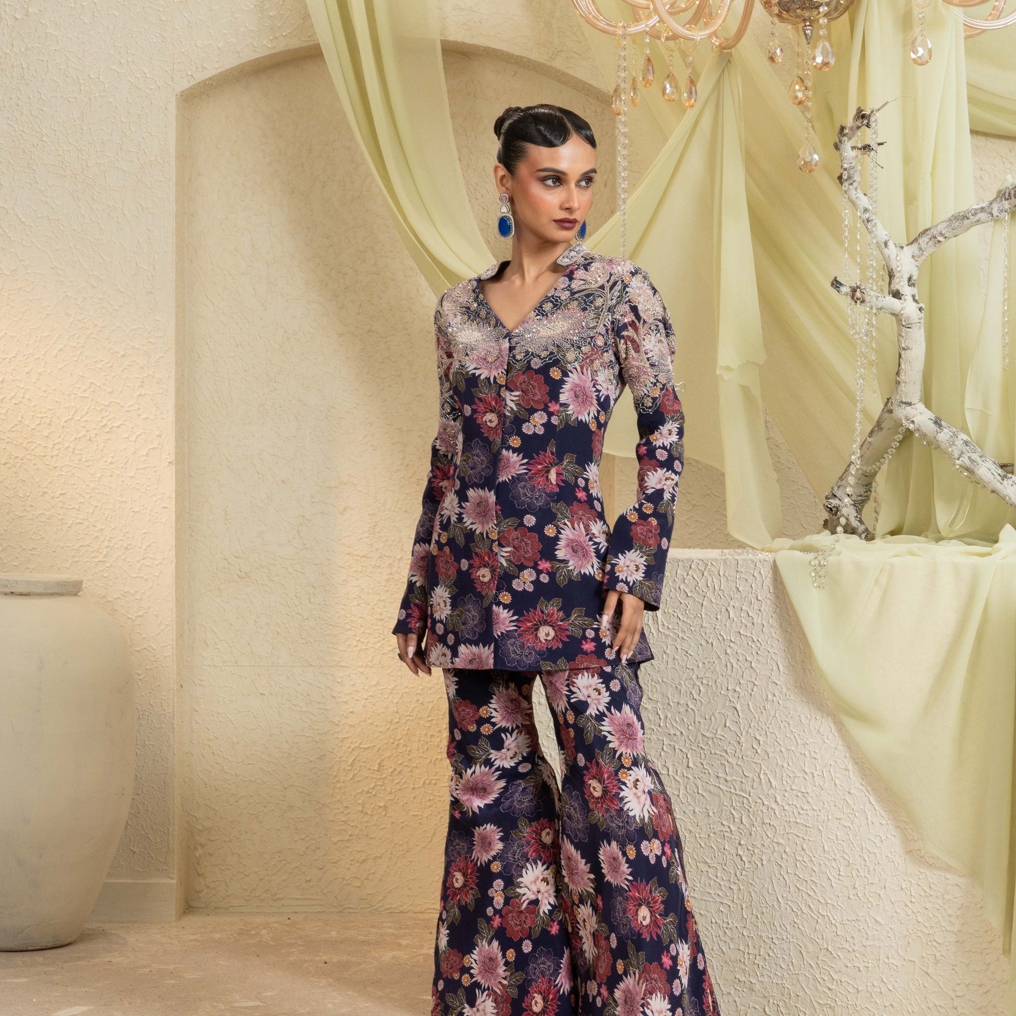 Twilight Bloom Hand-Embroidered Jacket Set