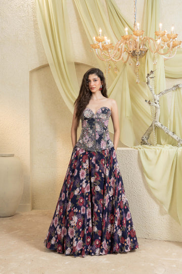 Twilight Bloom Hand-Embroidered Pocket Lehenga