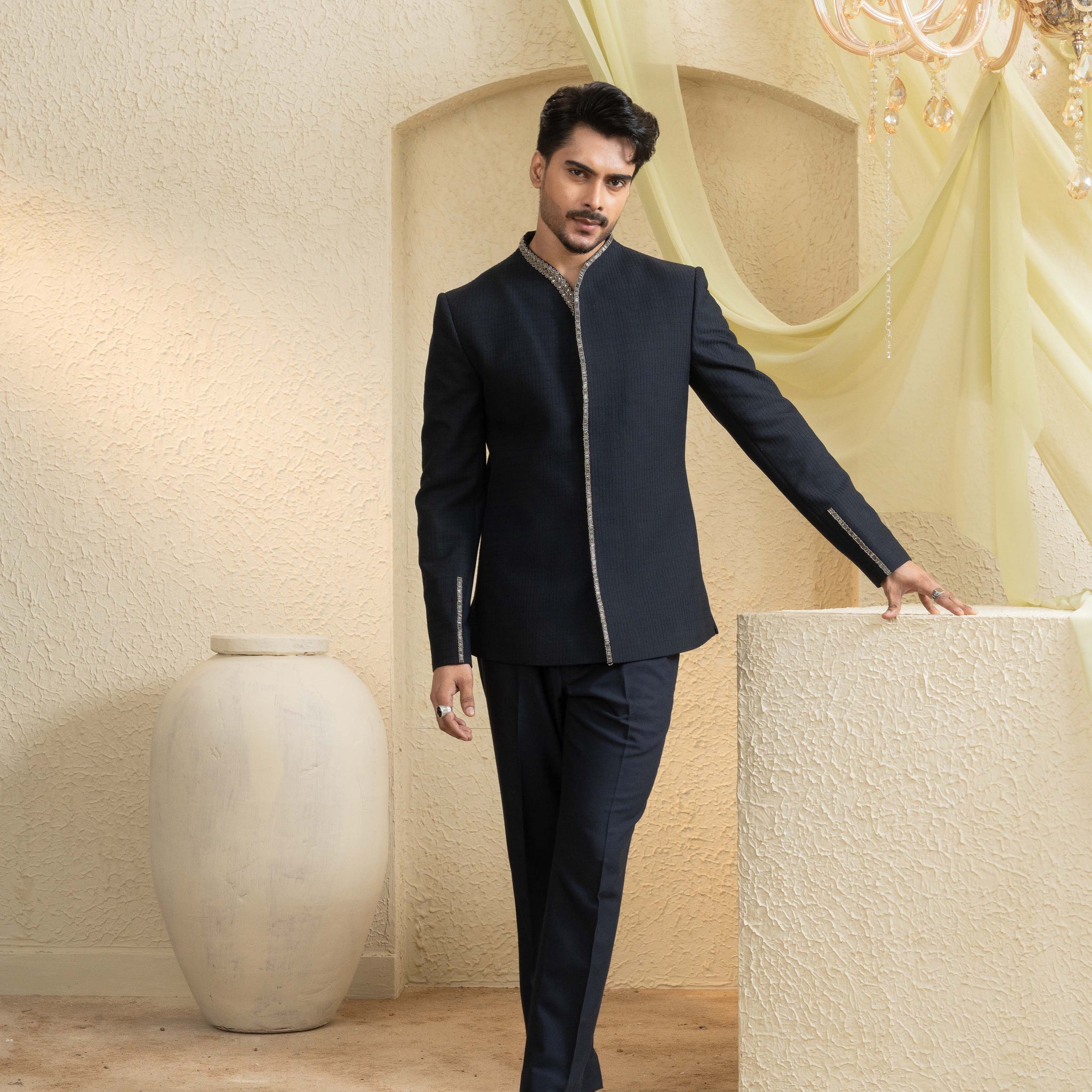 Midnight Hand-Embroidered Bandhgala