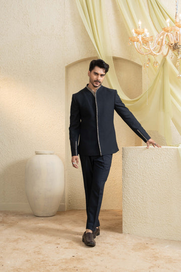 Midnight Hand-Embroidered Bandhgala