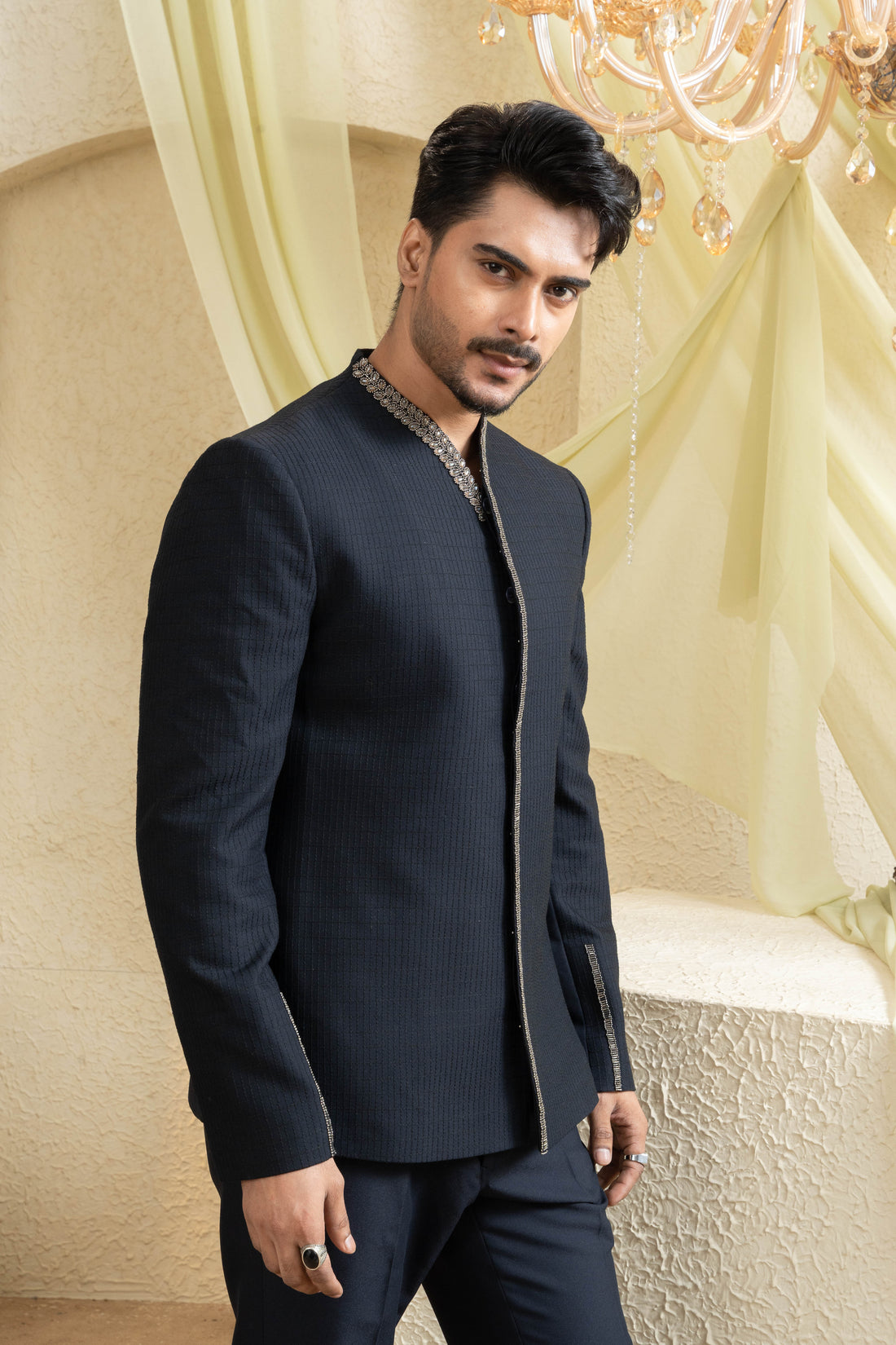 Midnight Hand-Embroidered Bandhgala