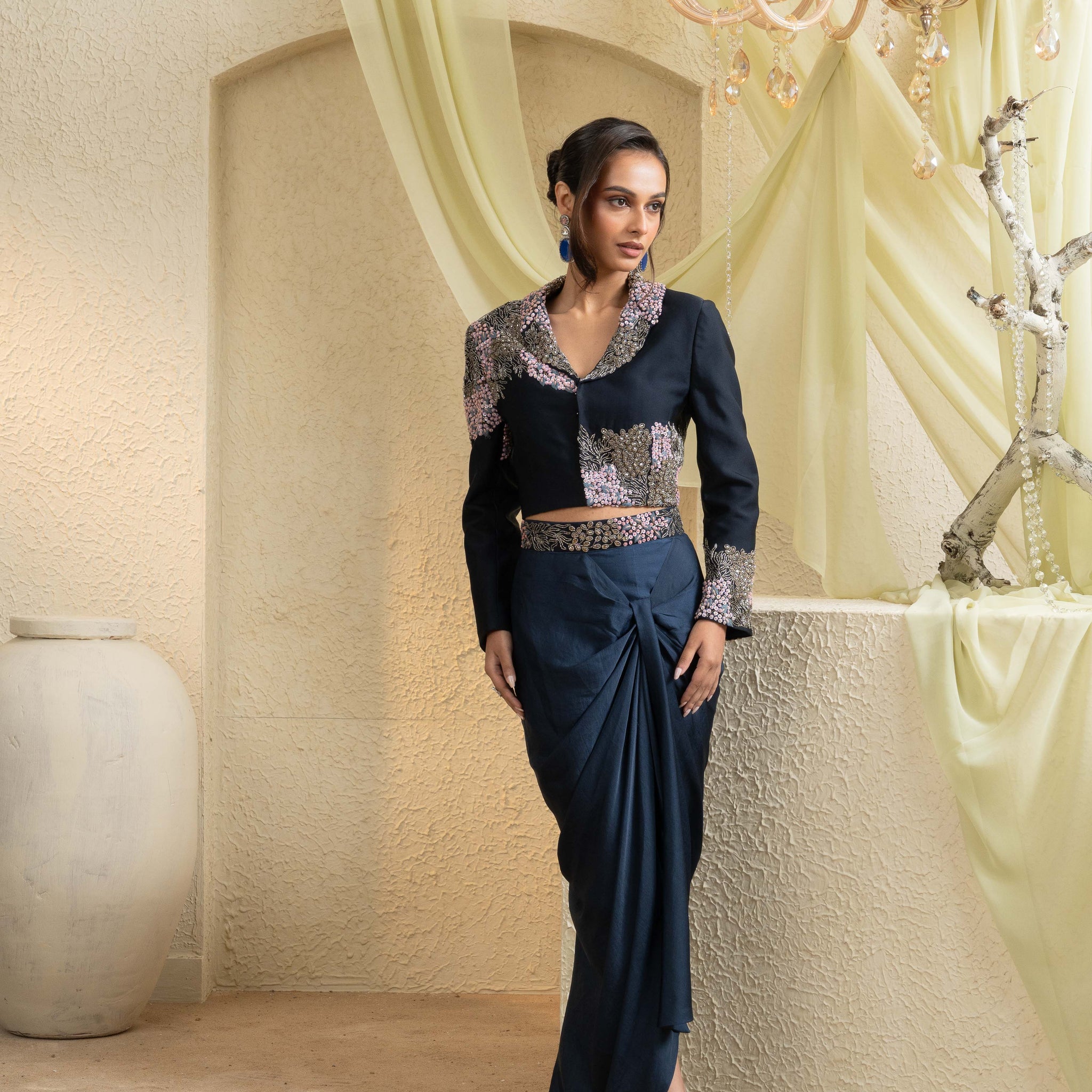 Midnight Hand-Embroidered Jacket Set