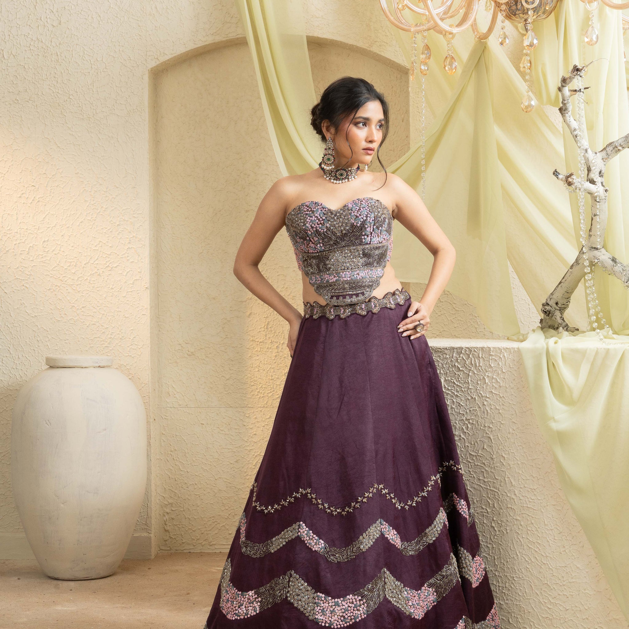 Smoky Wine Hand-Embroidered Lehenga