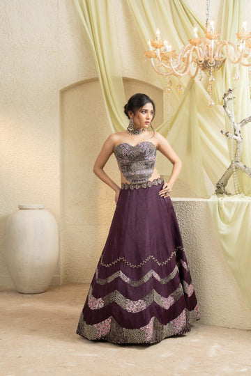 Smoky Wine Hand-Embroidered Lehenga