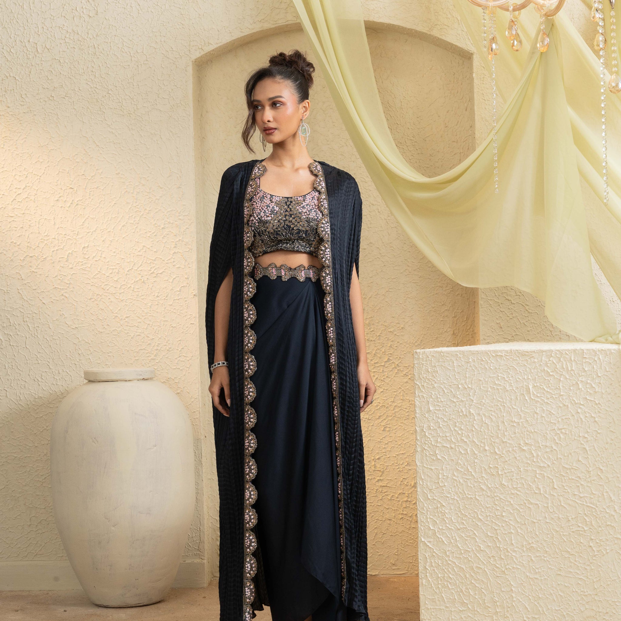 Midnight Hand-Embroidered Cape Set