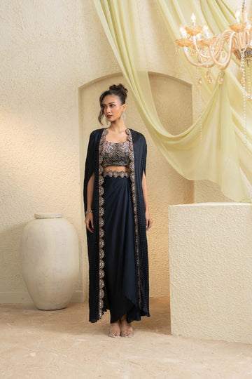 Midnight Hand-Embroidered Cape Set