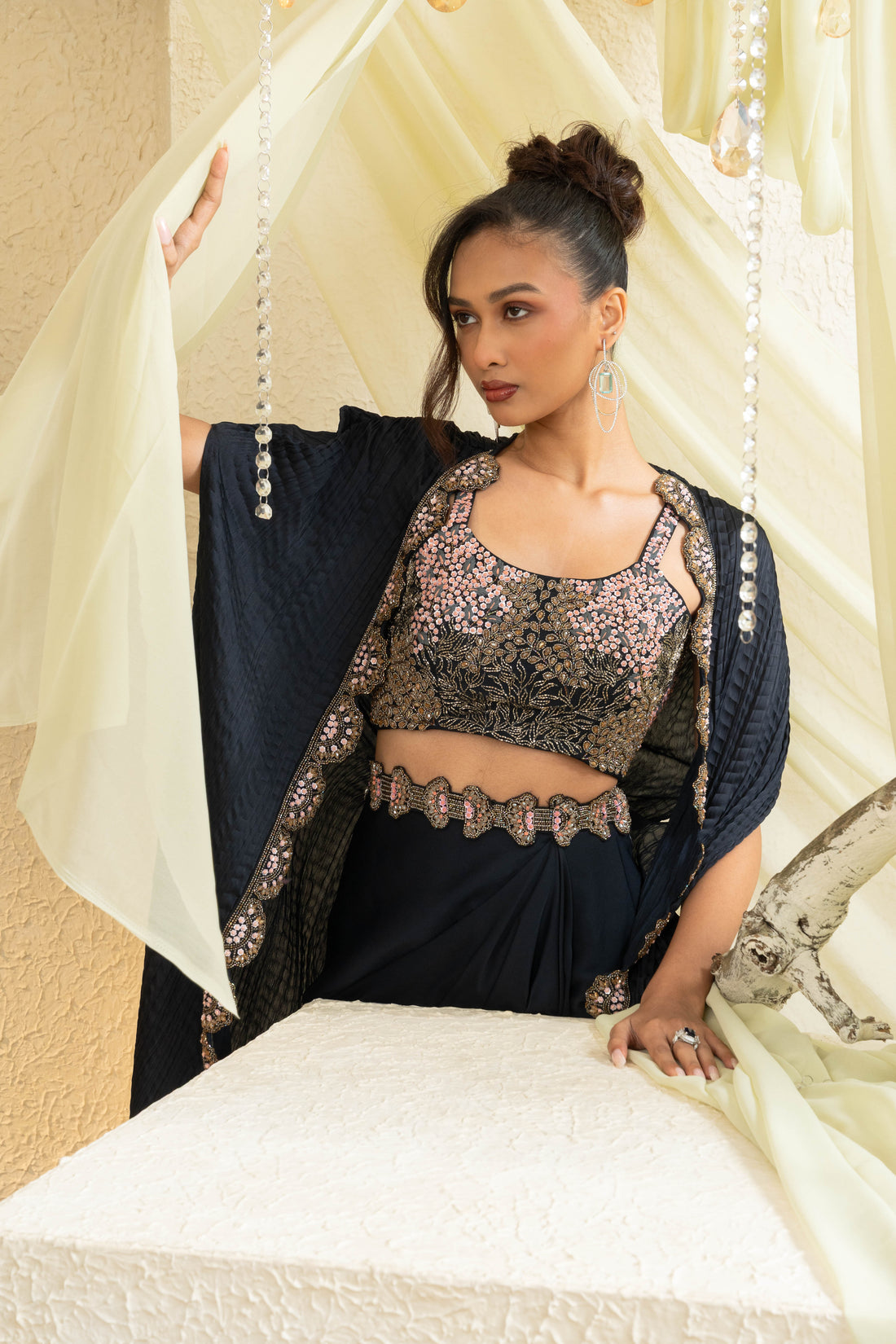 Midnight Hand-Embroidered Cape Set