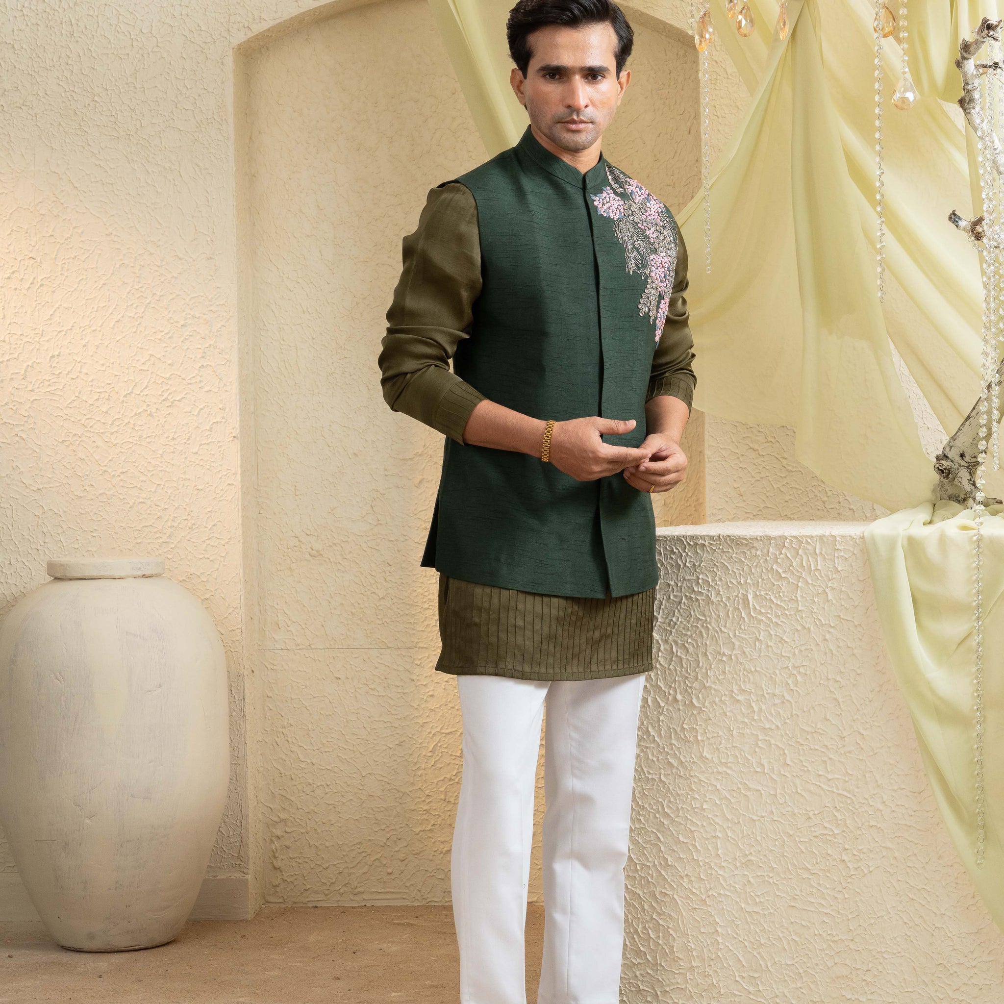 Forest Olive Hand-Embroidered Bundi Set