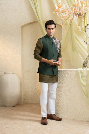 Forest Olive Hand-Embroidered Bundi Set