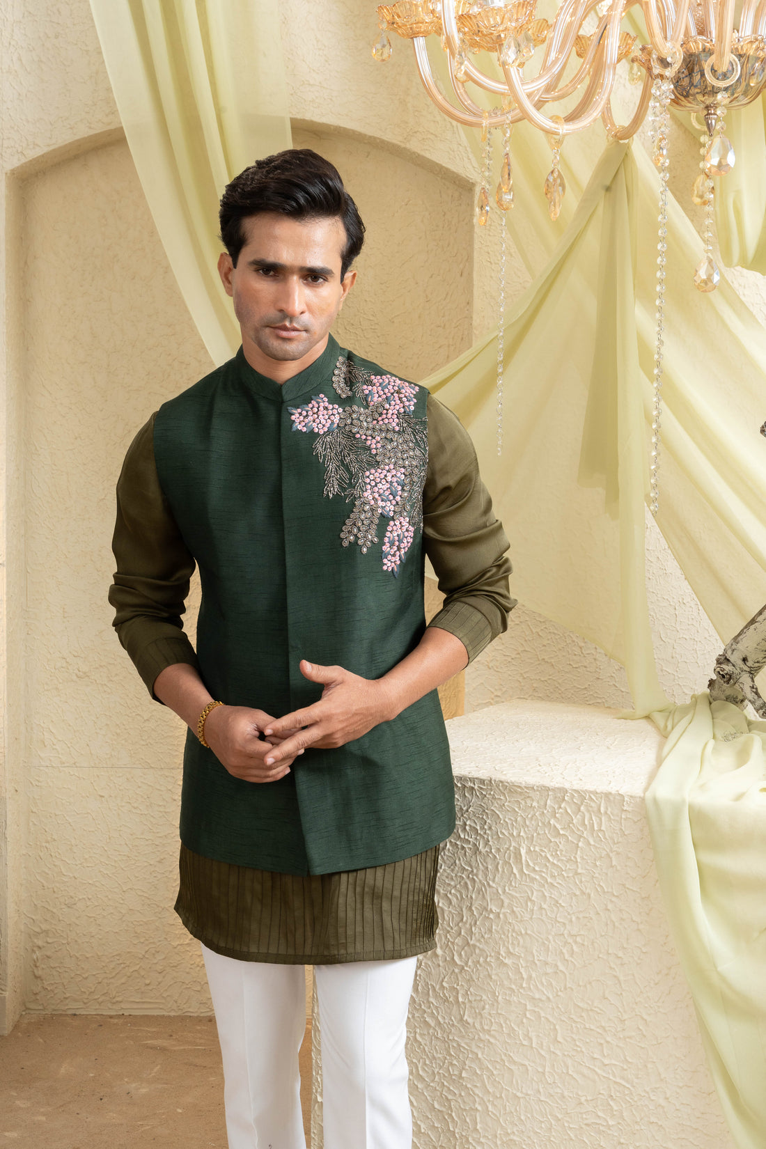 Forest Olive Hand-Embroidered Bundi Set