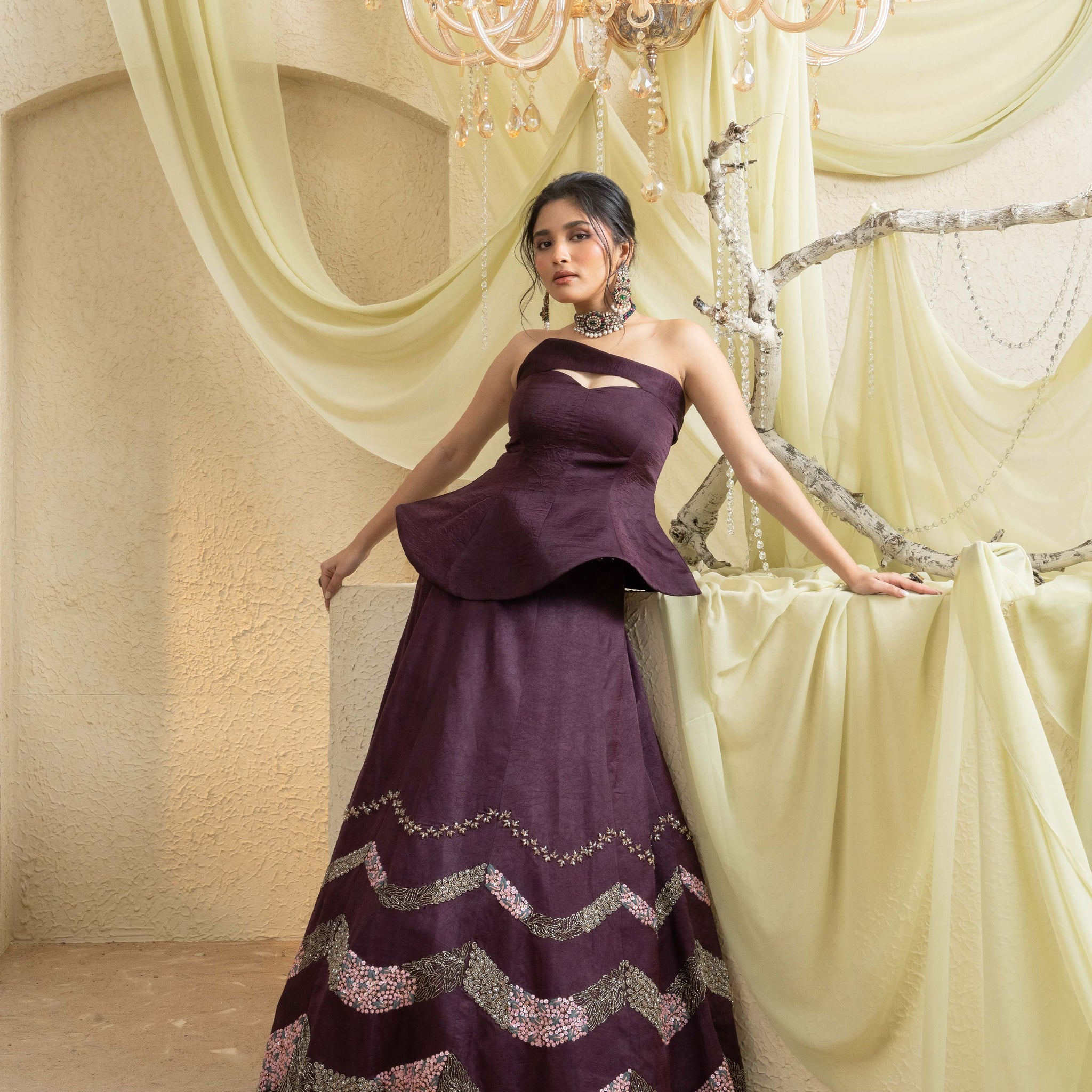 Smoky Wine Hand-Embroidered Lehenga