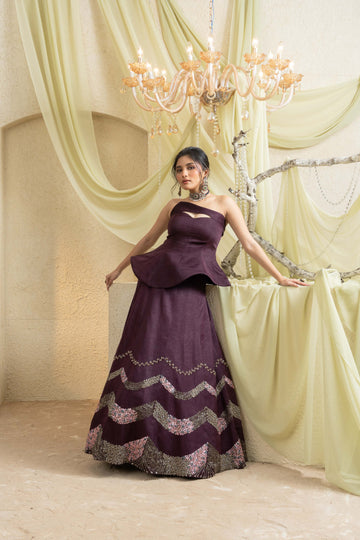 Smoky Wine Hand-Embroidered Lehenga