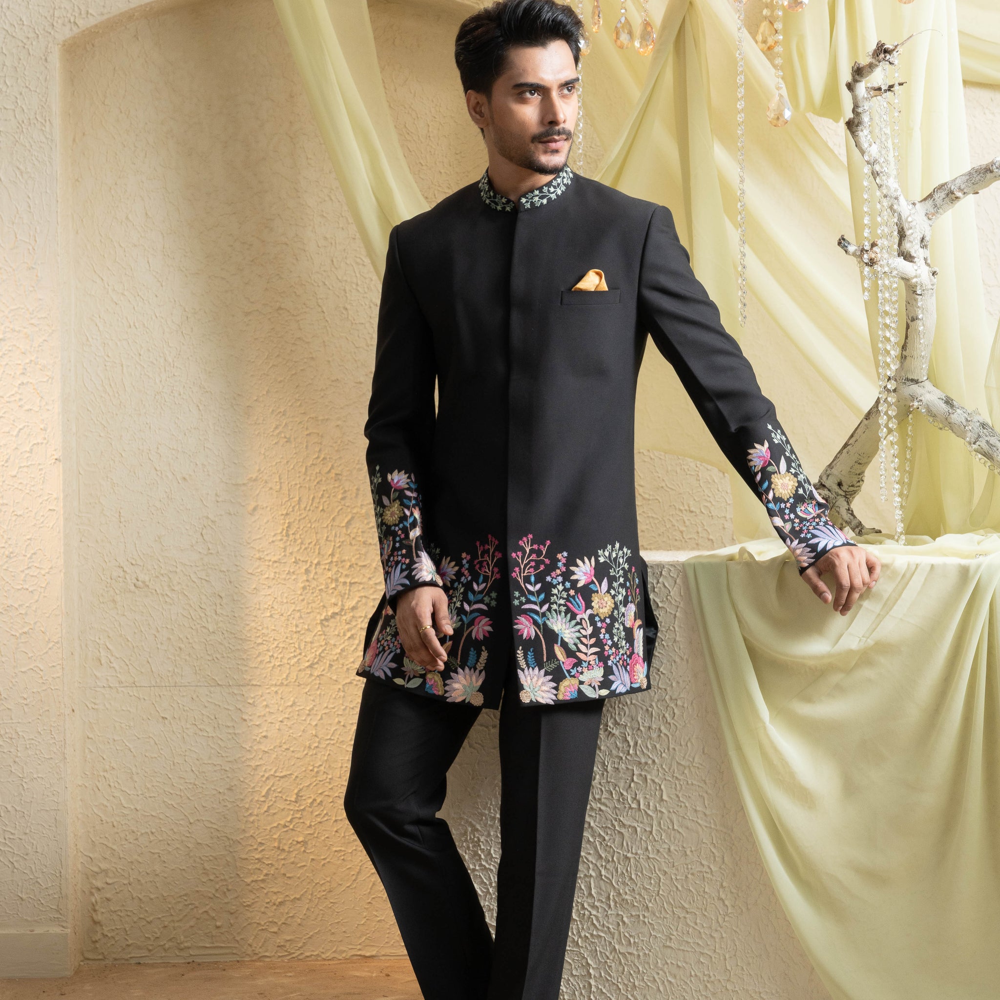 Black Hand-Embroidered Achkan