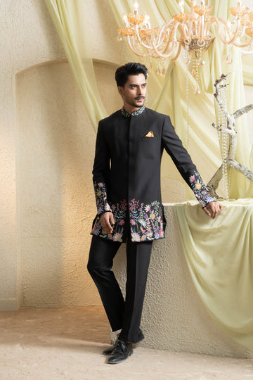 Black Hand-Embroidered Achkan