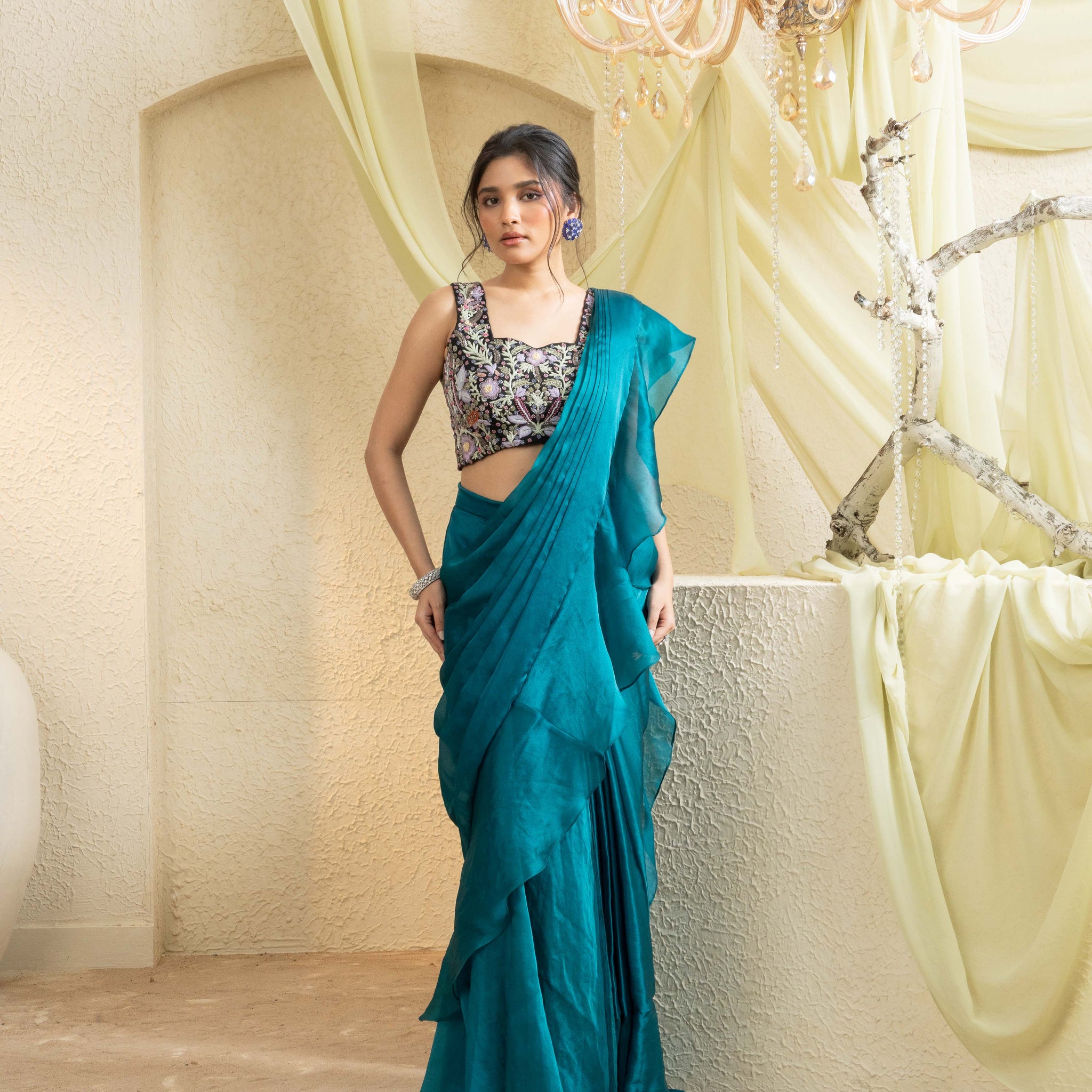 Mystic Teal Hand-Embroidered Ruffle Saree