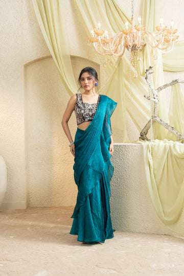 Mystic Teal Hand-Embroidered Ruffle Saree