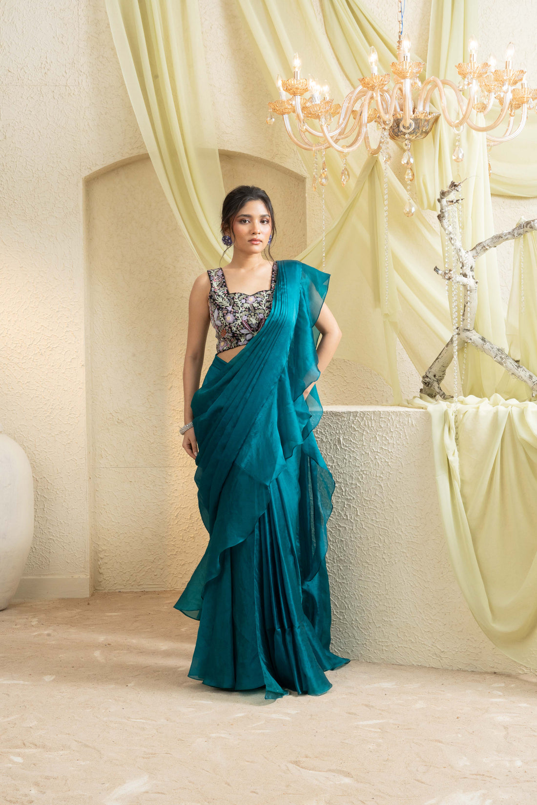 Mystic Teal Hand-Embroidered Ruffle Saree