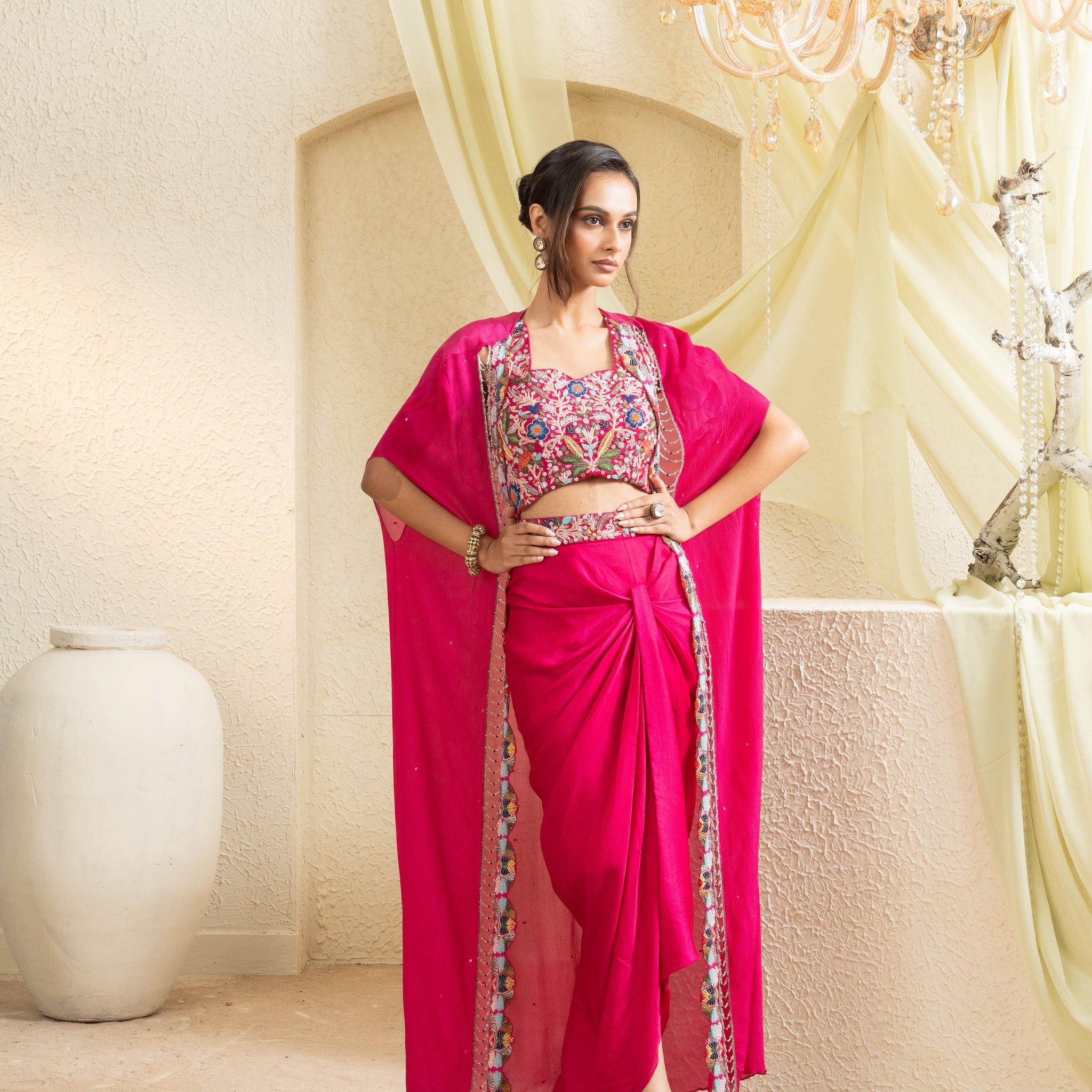 Fuchsia Bloom Hand-Embroidered Cape Set