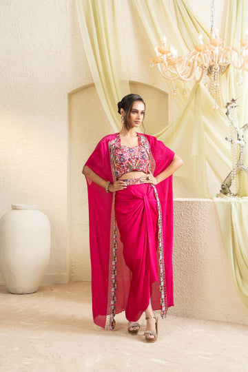 Fuchsia Bloom Hand-Embroidered Cape Set