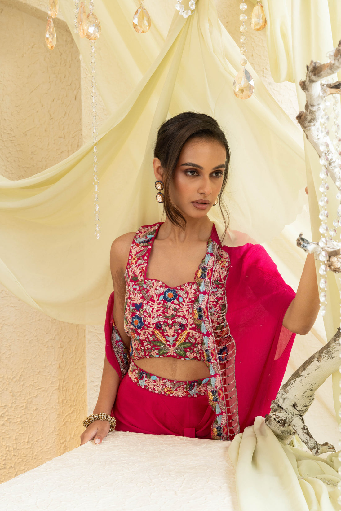 Fuchsia Bloom Hand-Embroidered Cape Set