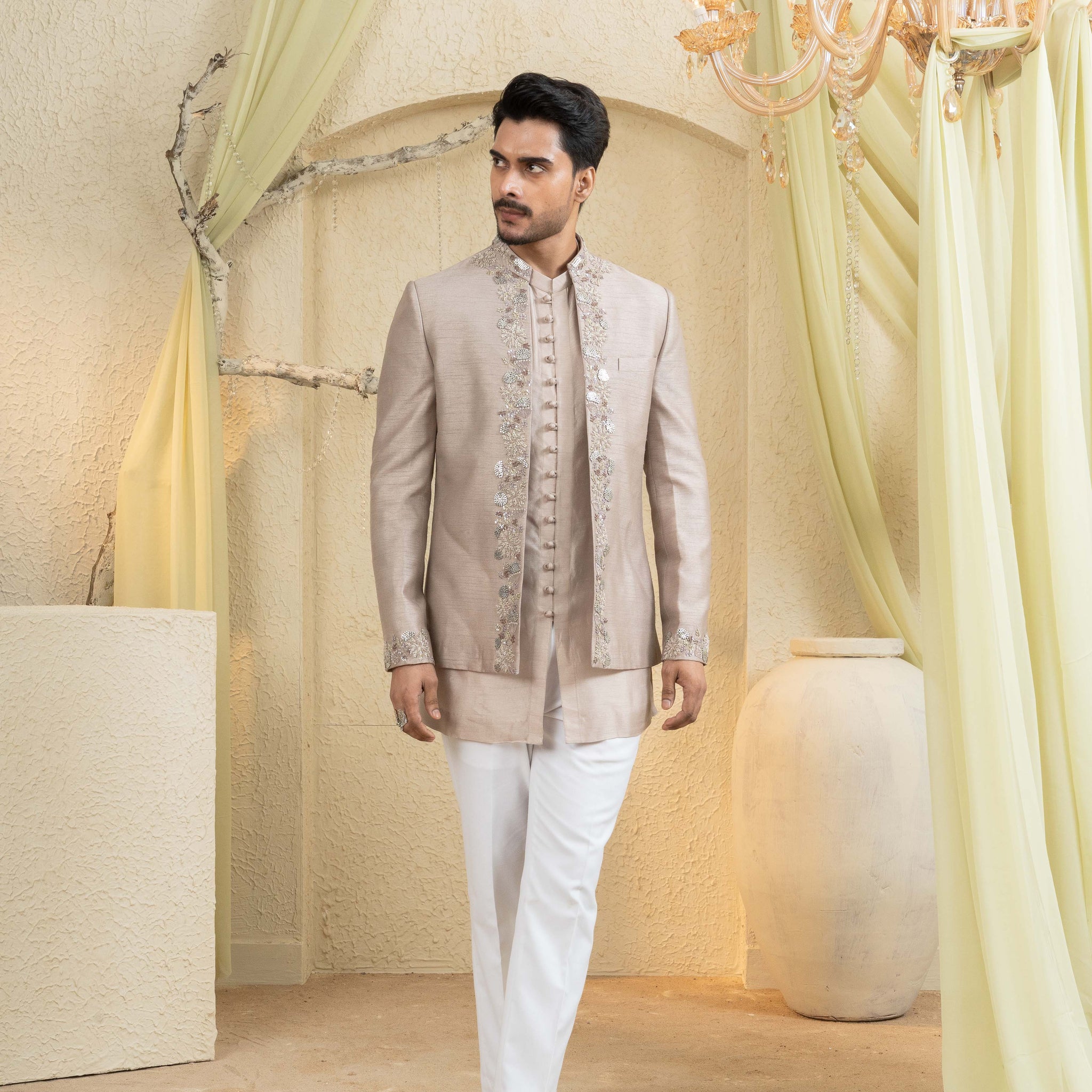 Champagne Gold Embroidered Jacket Set