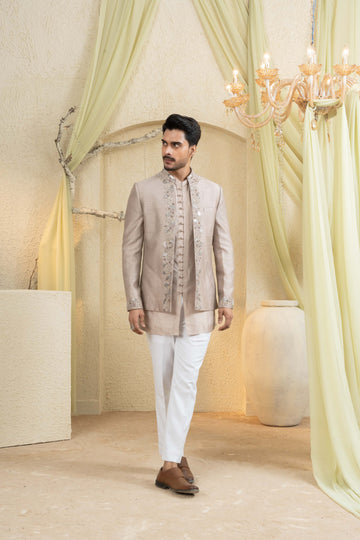 Champagne Gold Embroidered Jacket Set