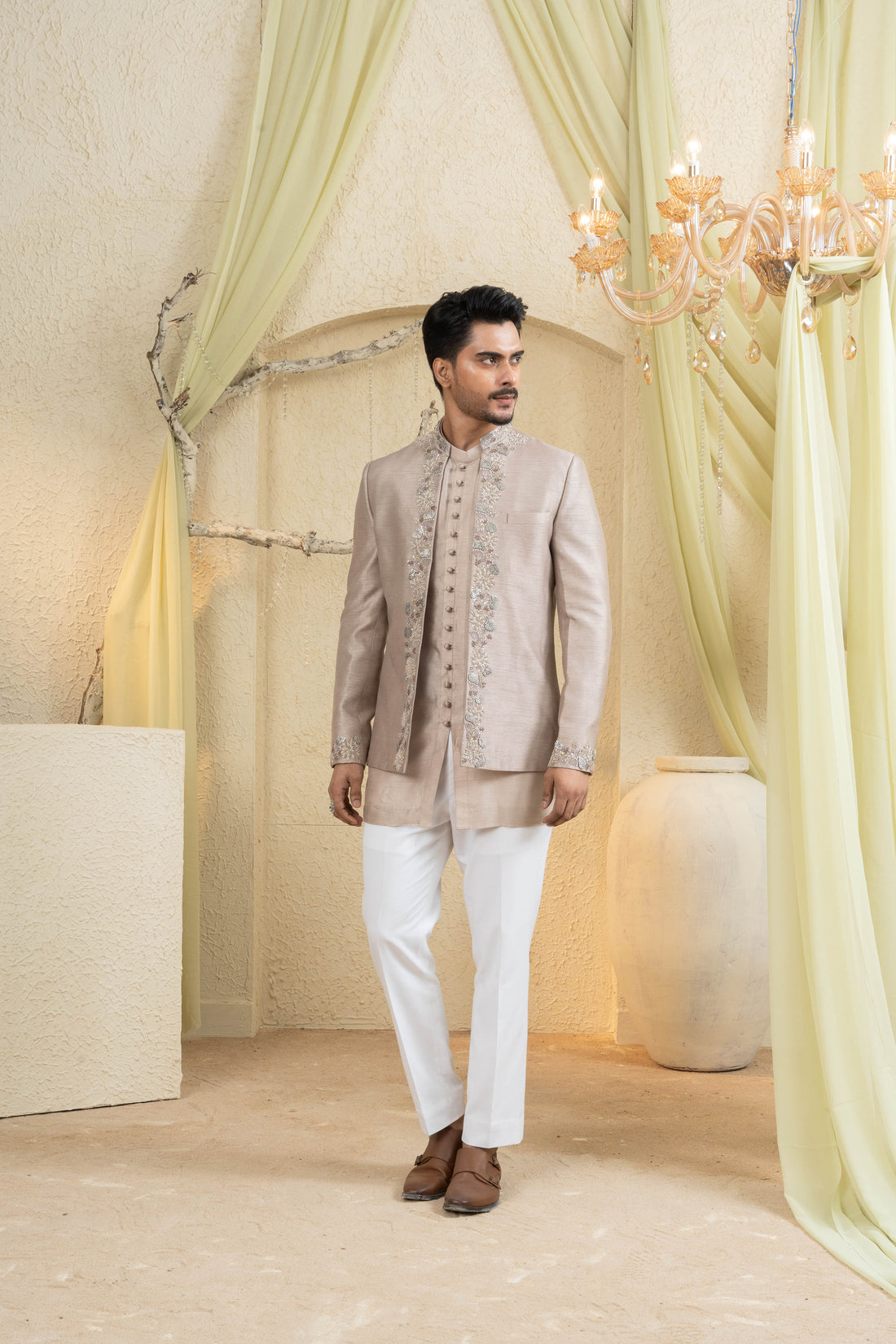 Champagne Gold Embroidered Jacket Set