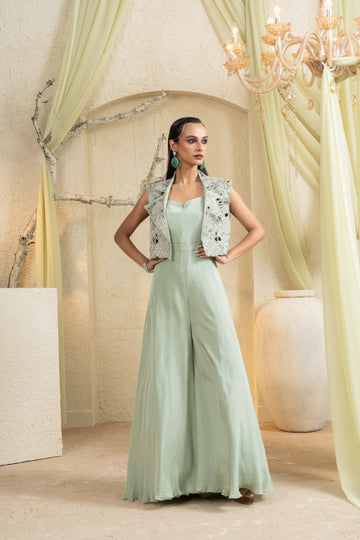 Sage Mist Hand-Embroidered Jacket Jumpsuit