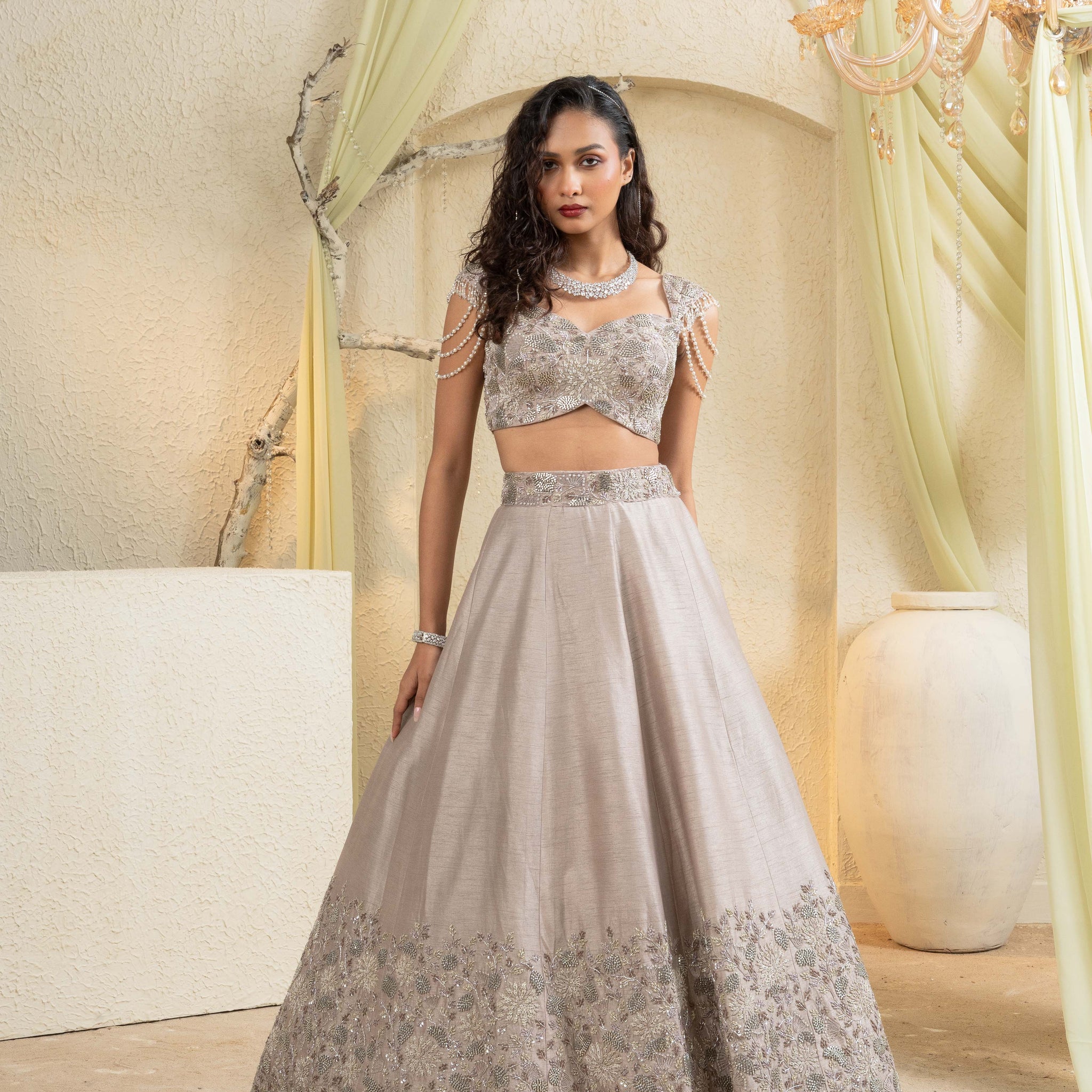 Champagne Gold Hand-Embroidered Lehenga