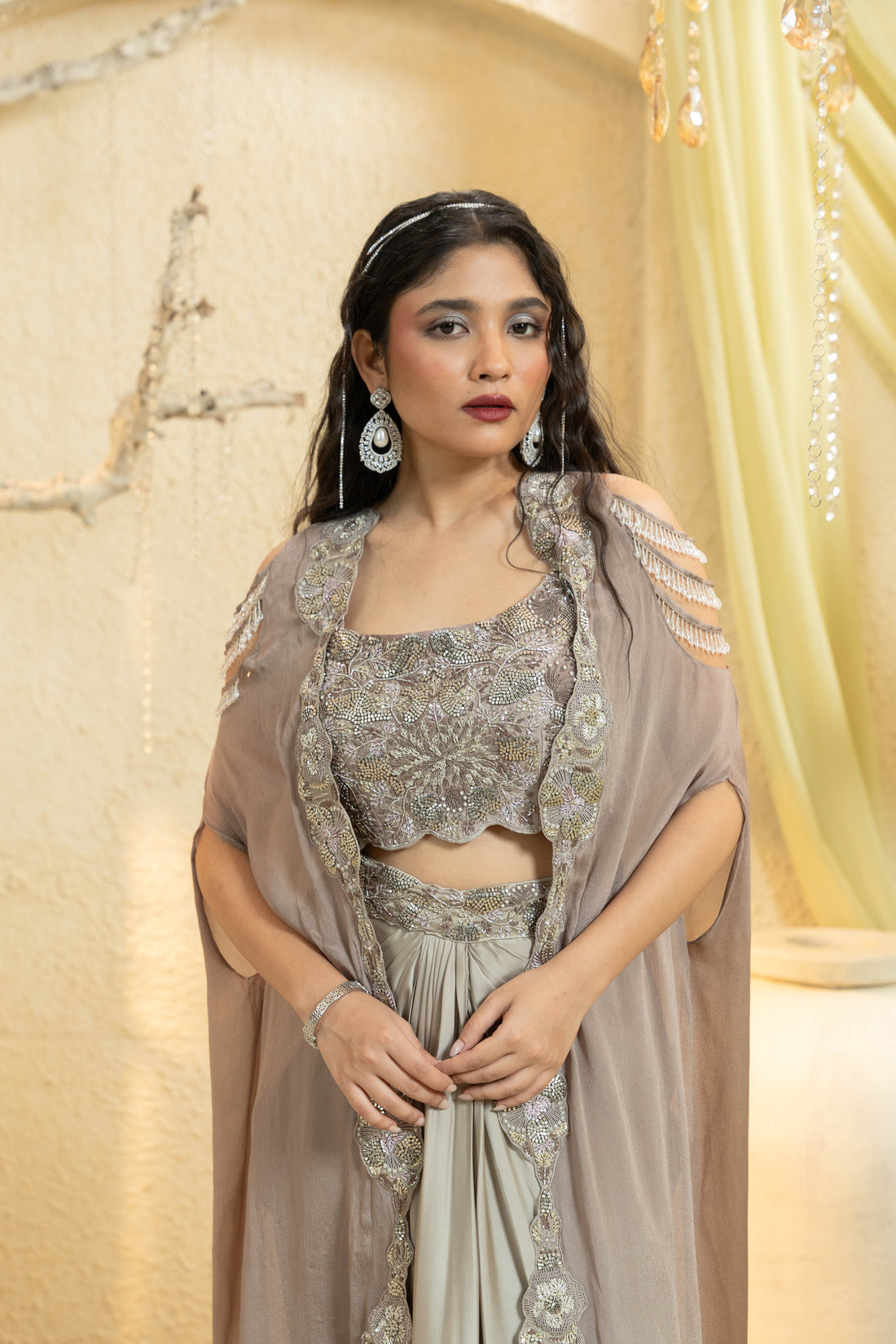 Champagne Gold Hand-Embroidered Cape Set