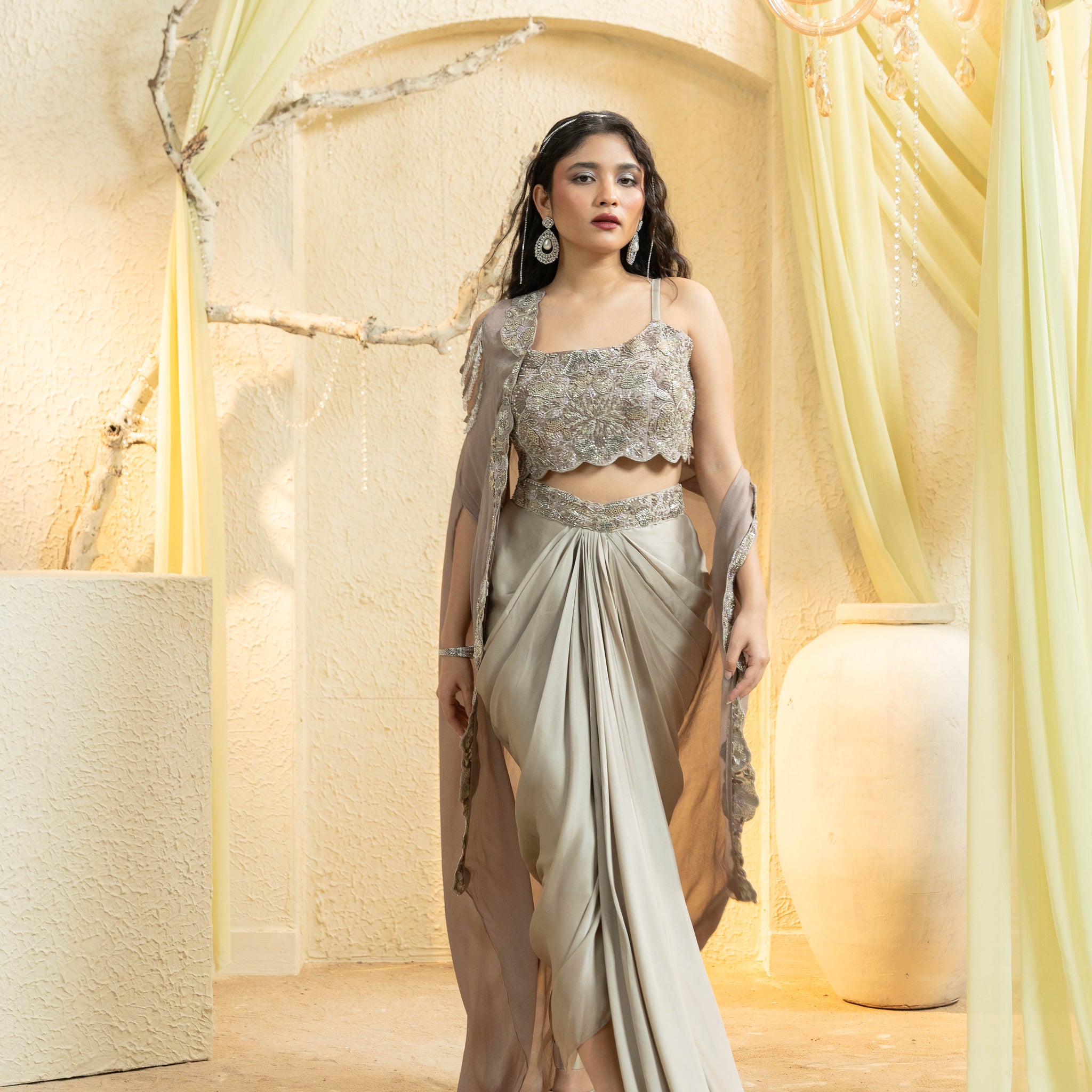 Champagne Gold Hand-Embroidered Cape Set