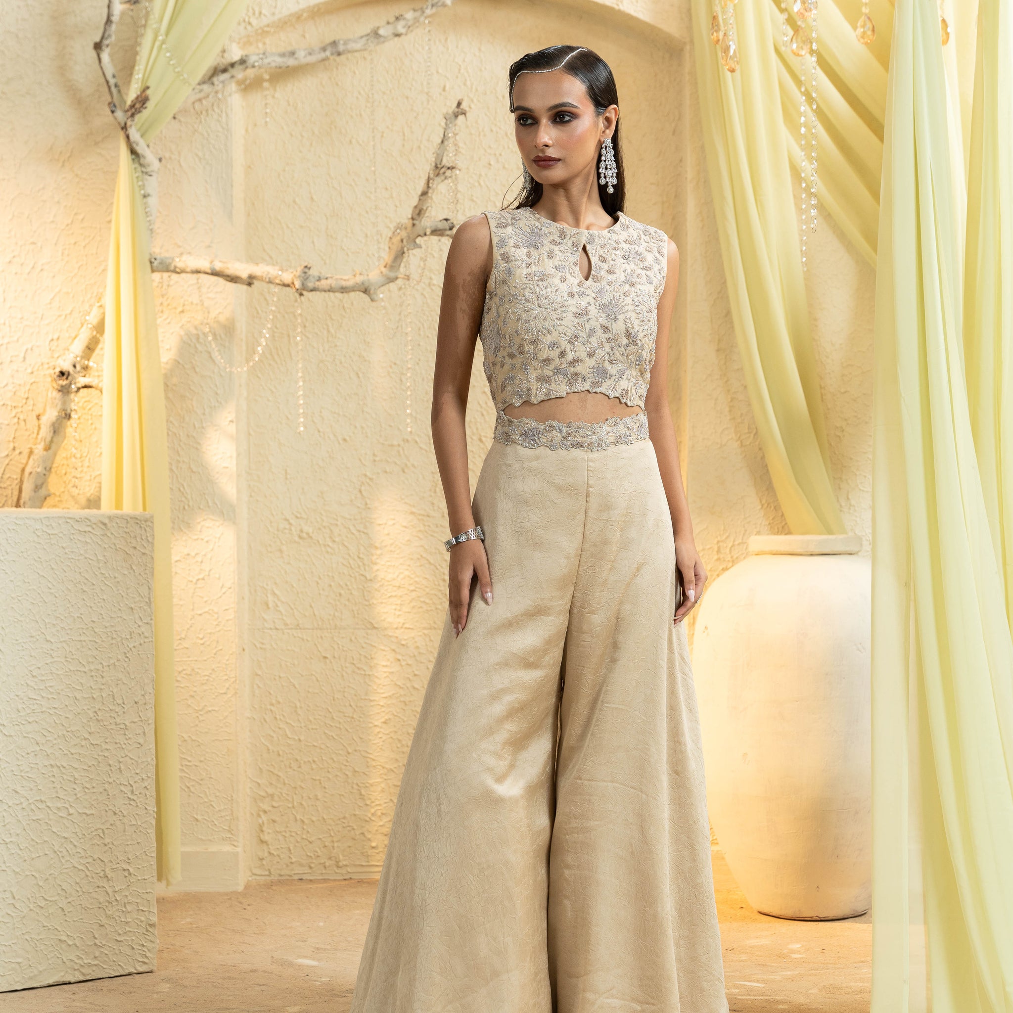 Luxe Beige Hand-Embroidered Jumpsuit