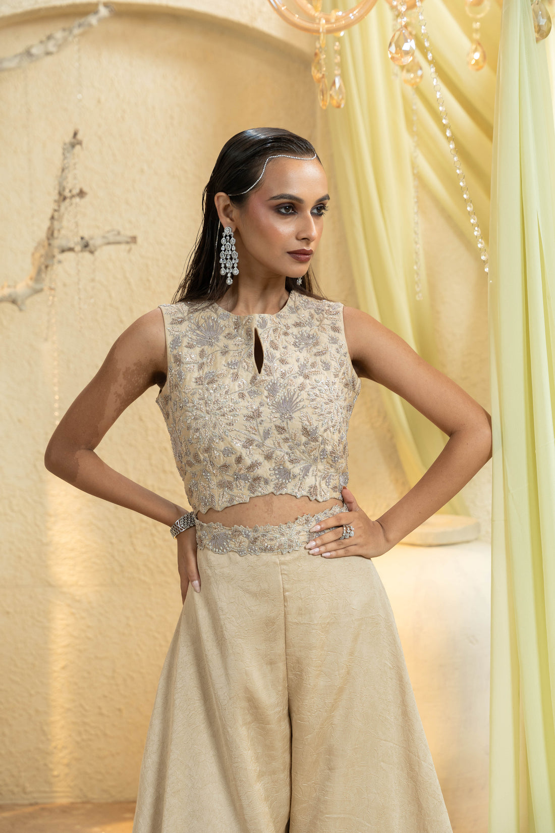 Luxe Beige Hand-Embroidered Jumpsuit