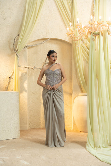 Champagne Gold Hand-Embroidered Drape Saree