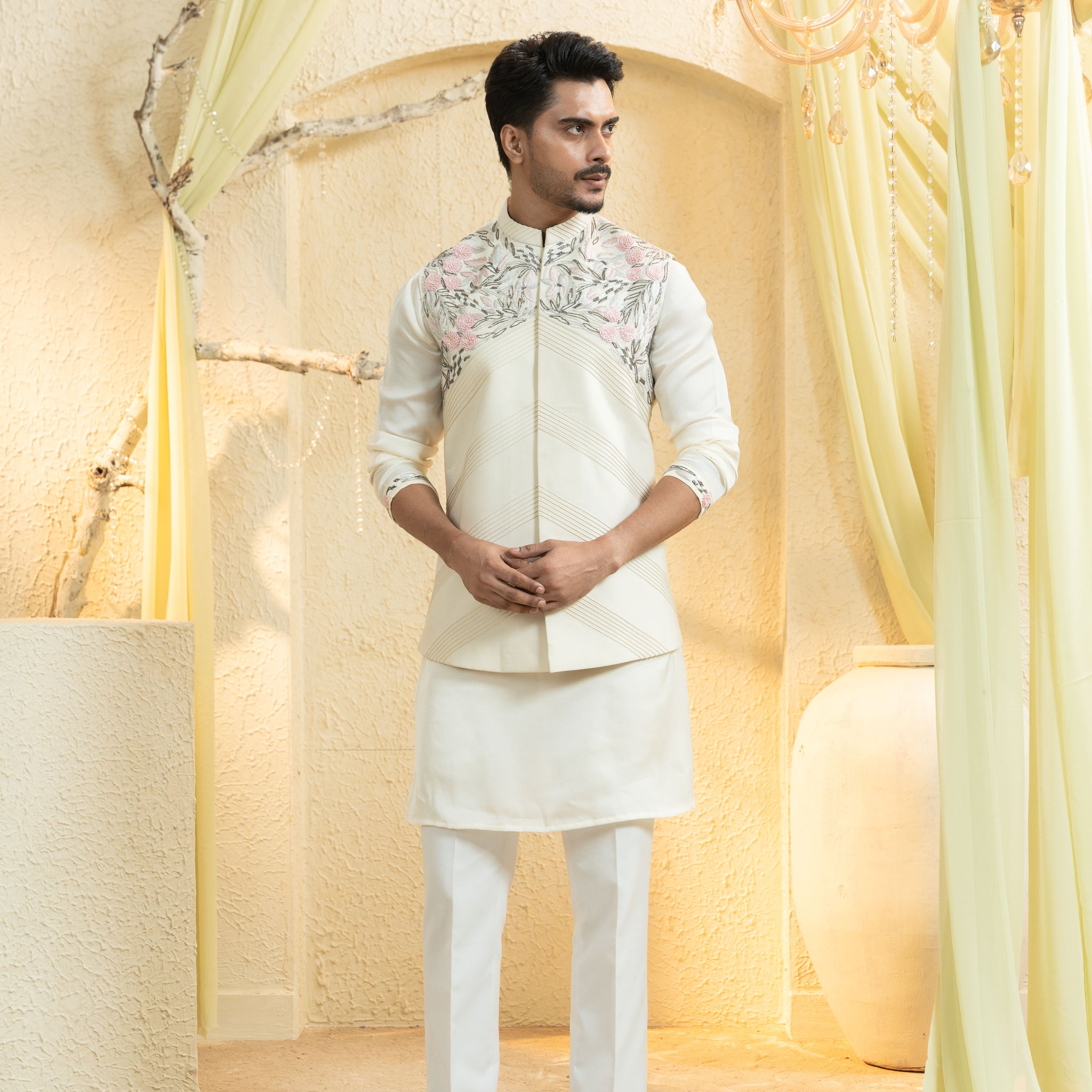 Swan White Hand-Embroidered Bundi Set