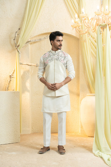 Swan White Hand-Embroidered Bundi Set
