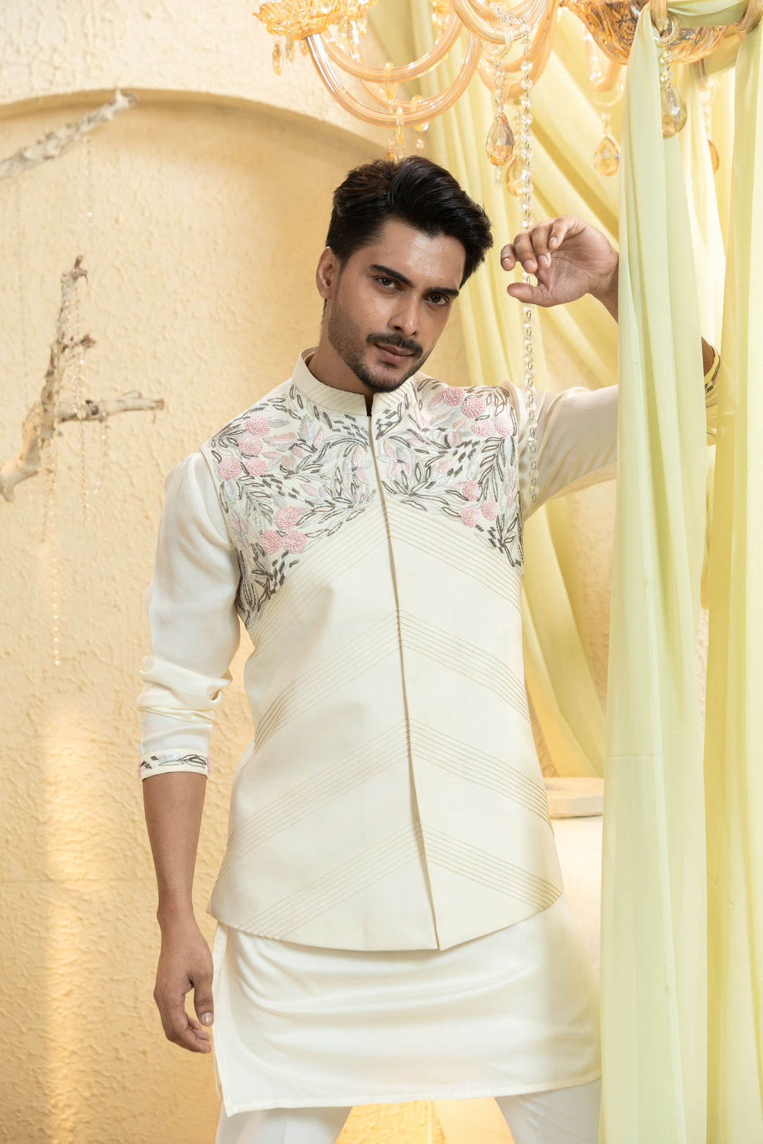 Swan White Hand-Embroidered Bundi Set
