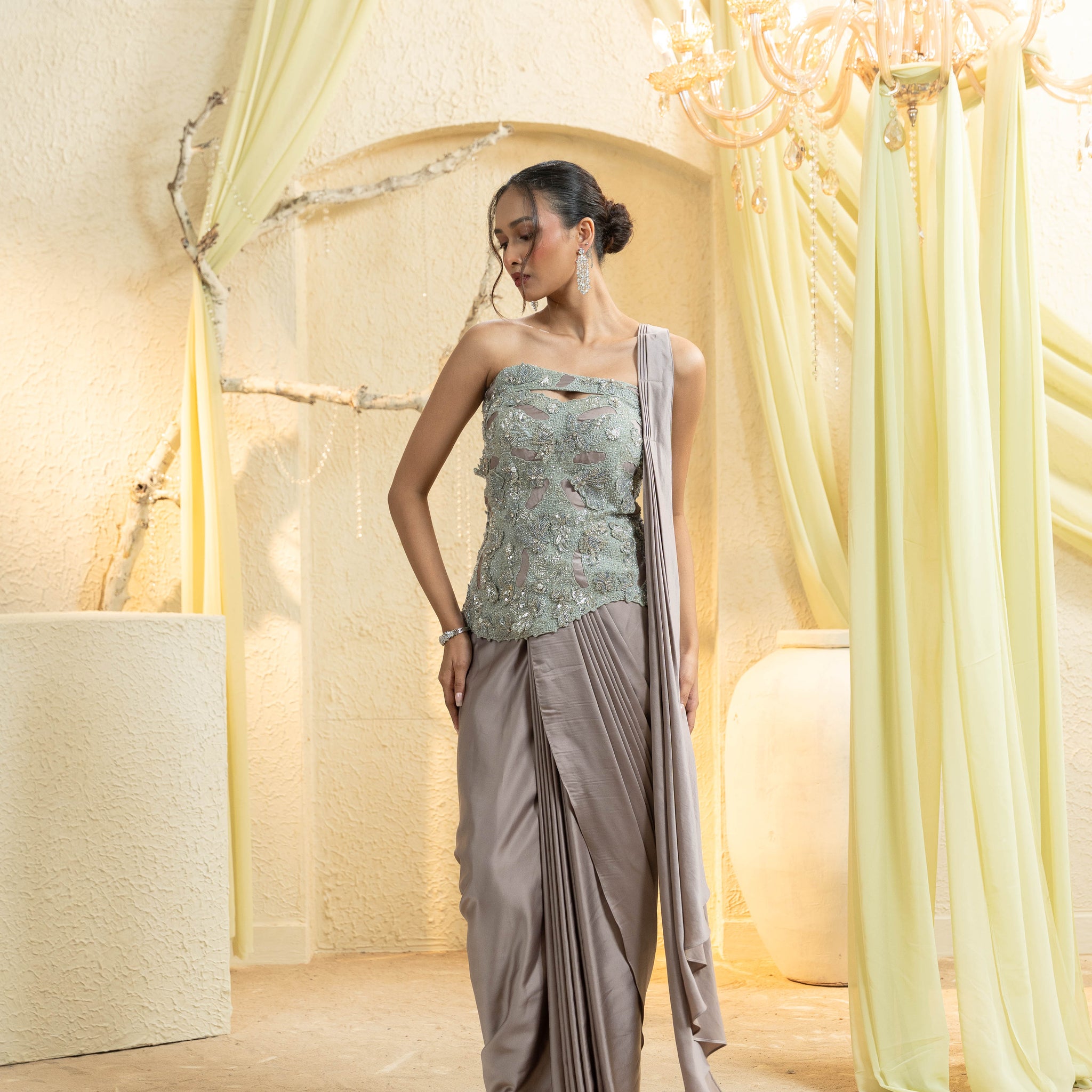 Ash Mauve Hand-Embroidered Drape Saree