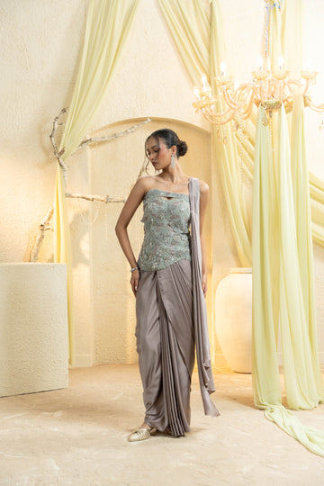 Ash Mauve Hand-Embroidered Drape Saree