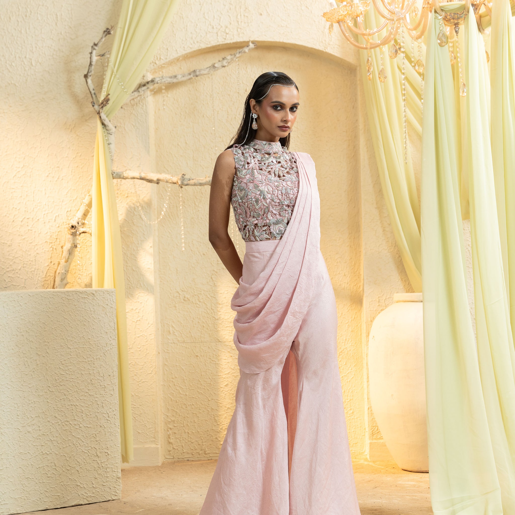 Muted Rose Hand-Embroidered Pant Saree