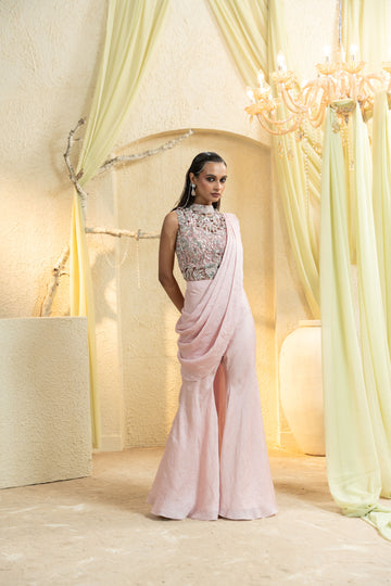 Muted Rose Hand-Embroidered Pant Saree
