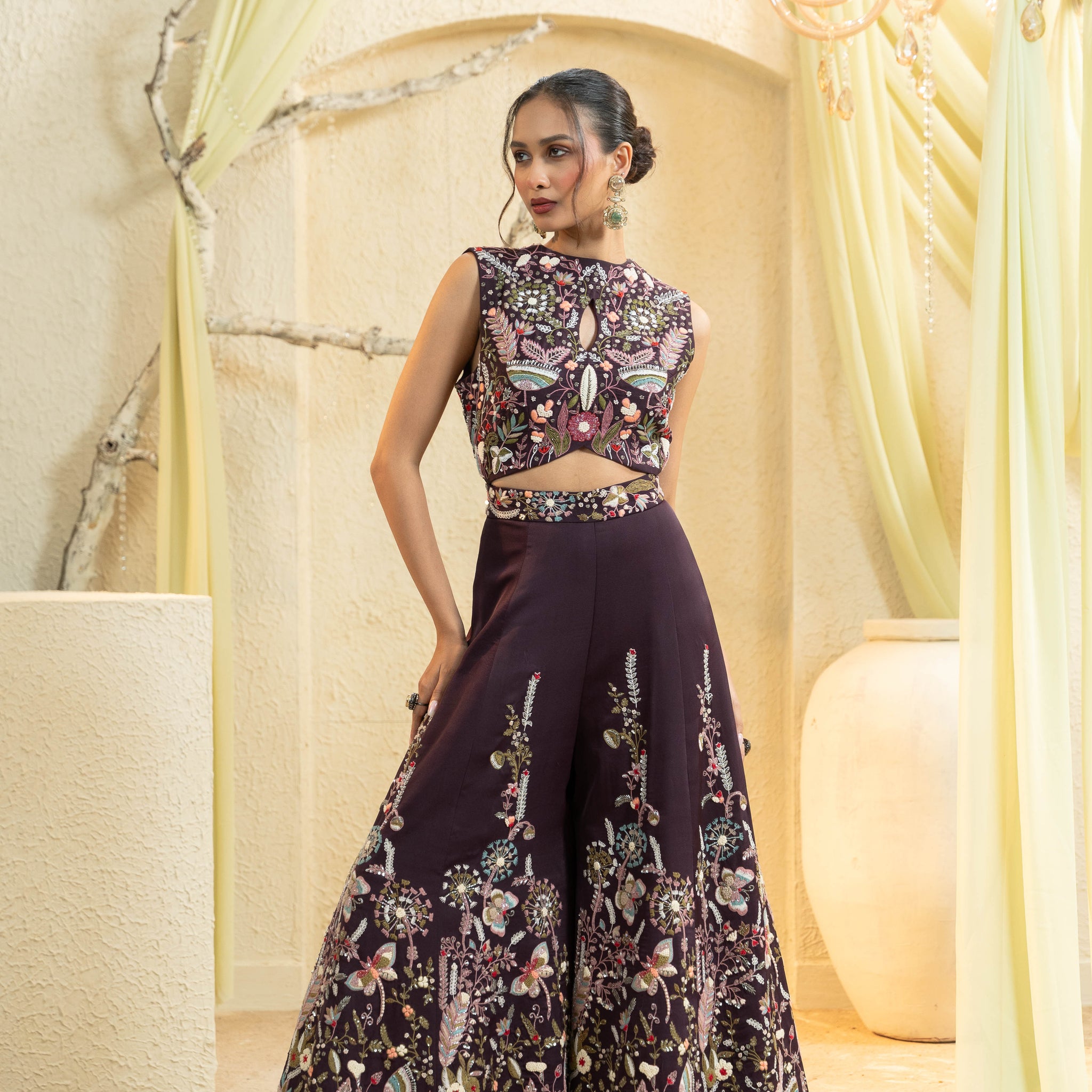 Wine Embroidered Jumpsuit